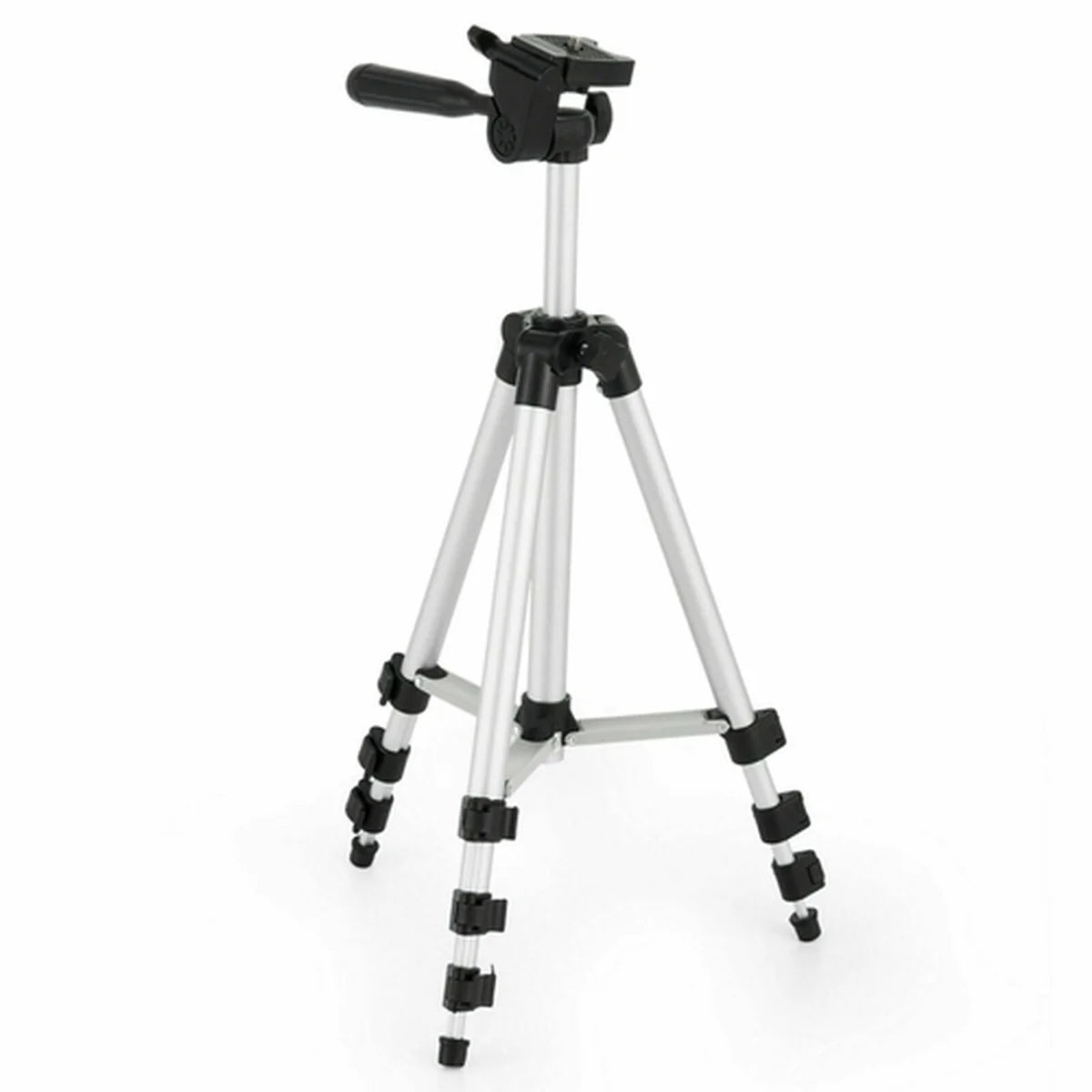 A silver aluminum tripod with black plastic joints, feet, and a top handle, shown on a plain white background.