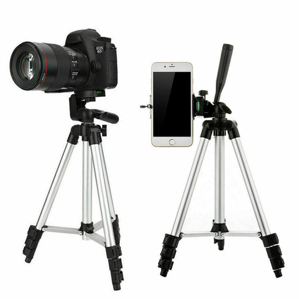 Portable travel camera and smartphone tripod on a white background.