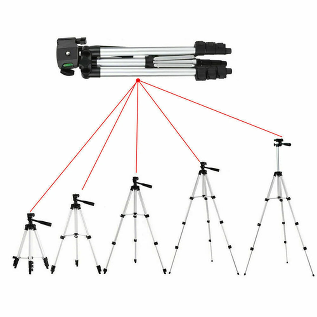 Portable travel camera and smartphone tripod showing five different height settings on a white background.