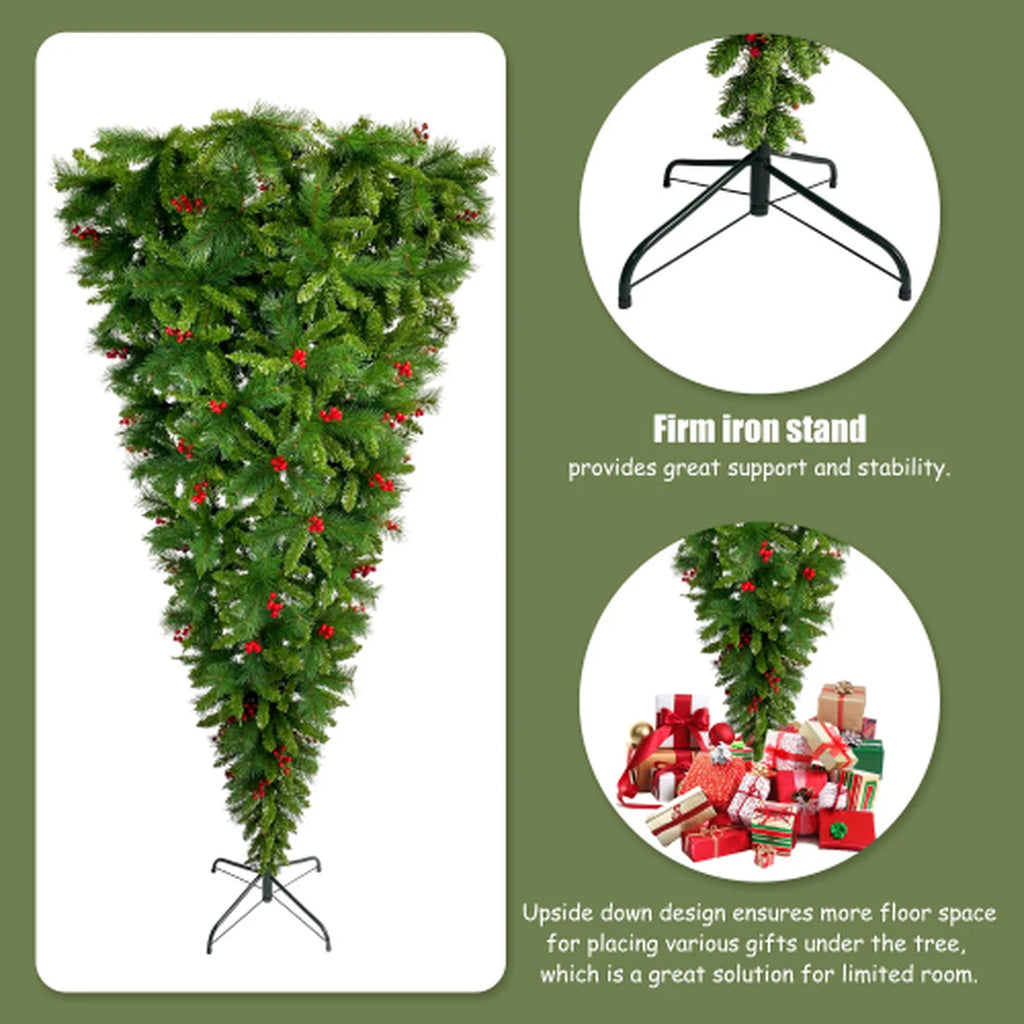Upside-down artificial Christmas tree with iron stand on a green background
