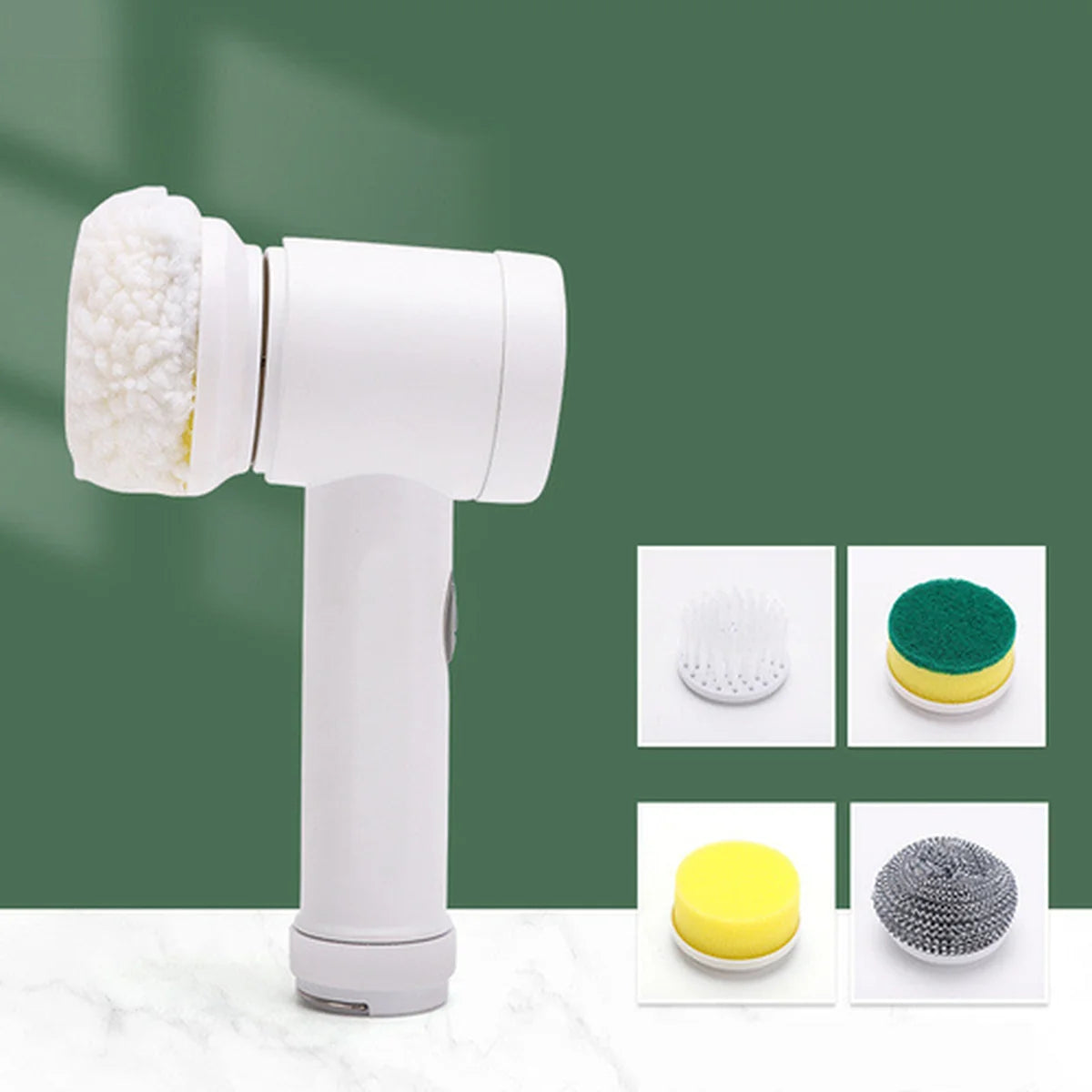White cleaning tool with interchangeable heads on a green background