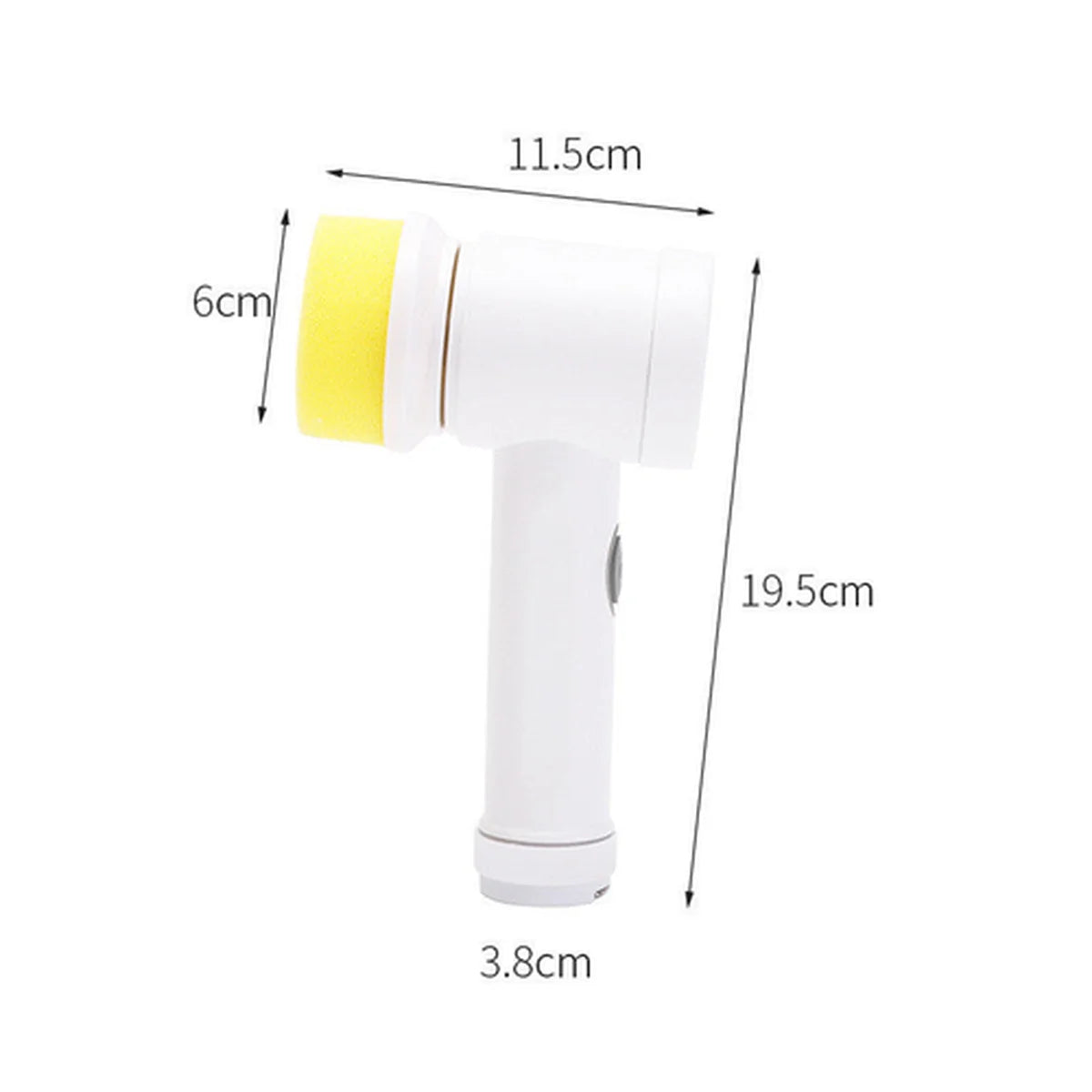 A white handheld brush or scrubber with a yellow head, shown on a white background with dimension labels indicating 11.5 cm width, 6 cm head height, 19.