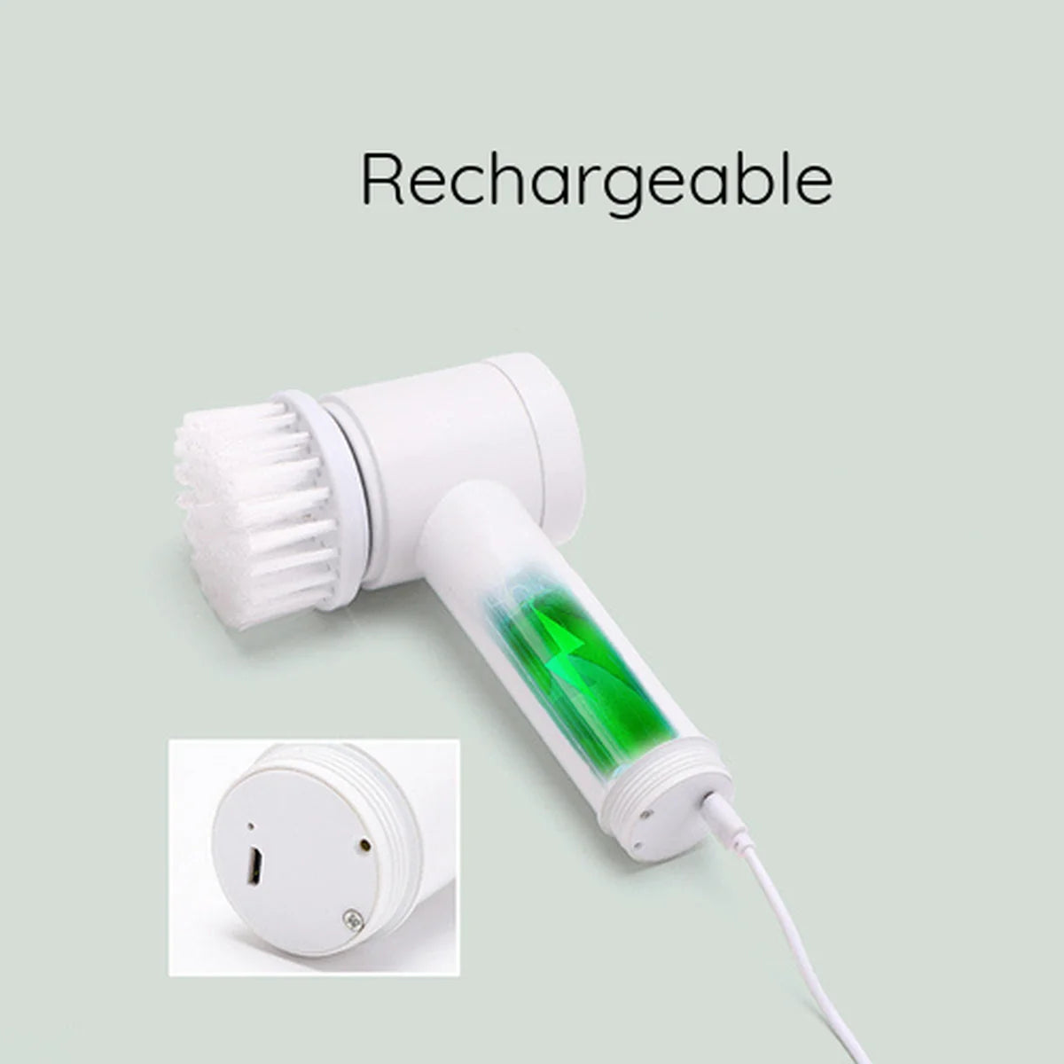 A white handheld electric facial cleansing brush with a transparent handle showing a green charging indicator, plus a small inset of the charging port. The word 'Rechargeable' appears at the top on a pale green background.