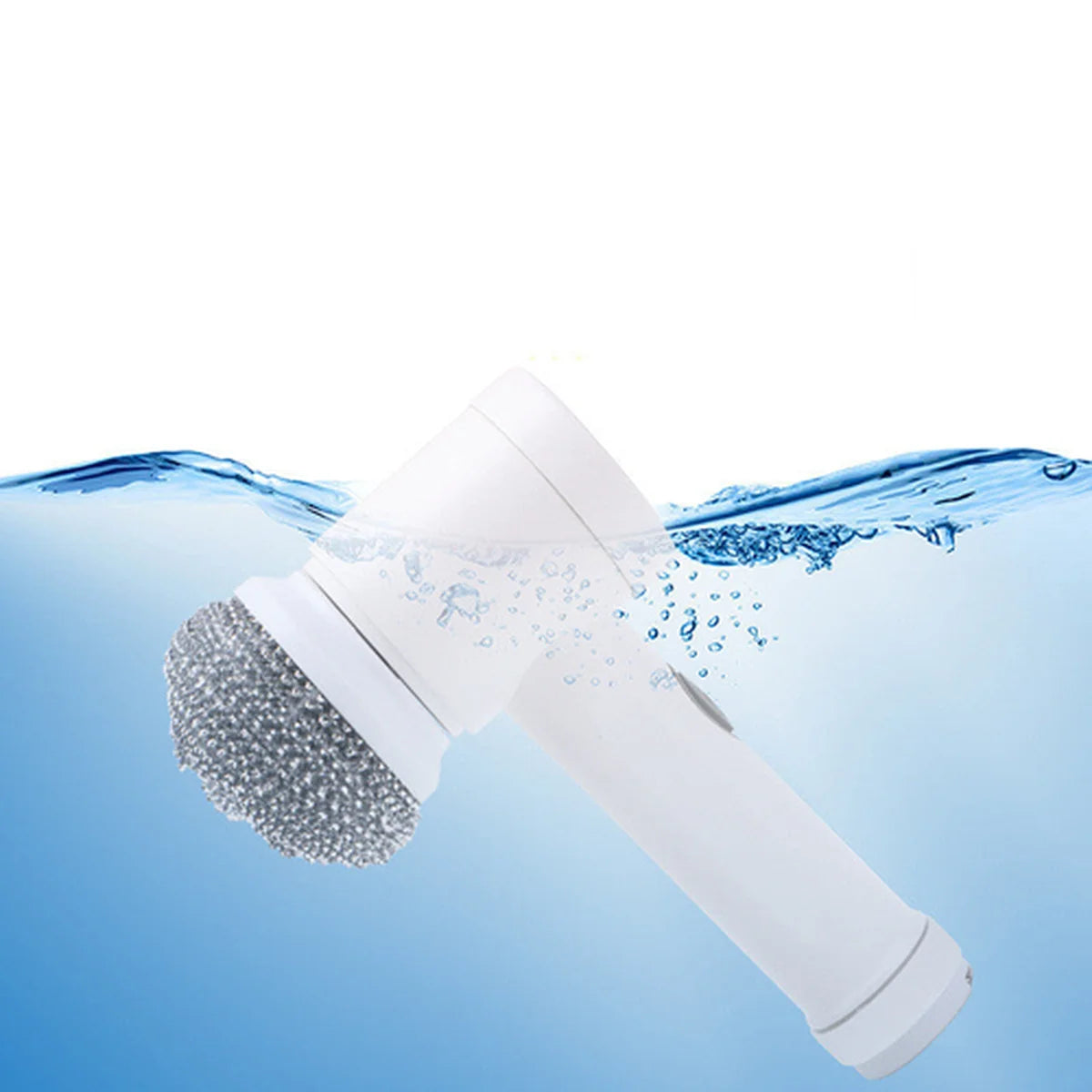 White handheld cleaning brush with bristle head on a blue water background