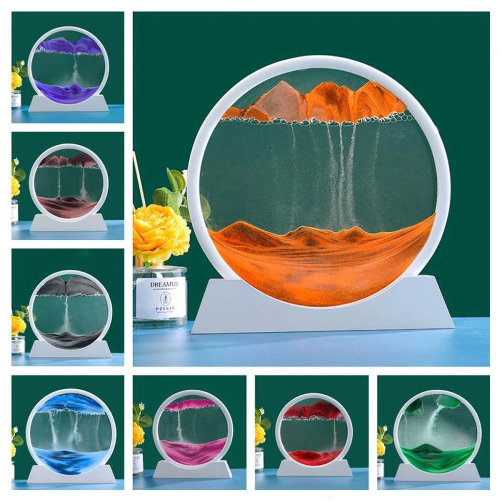 A collage showing a circular sand-and-water flow clock on a white stand, with the main large view in the center and five smaller color variants around it. The central product has orange sand layers, a dark green liquid-filled upper section, and a white circular frame and base.