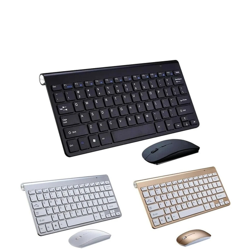 Three wireless keyboard and mouse sets shown on a white background: a black set at the top, a silver set at bottom left, and a gold set at bottom right.