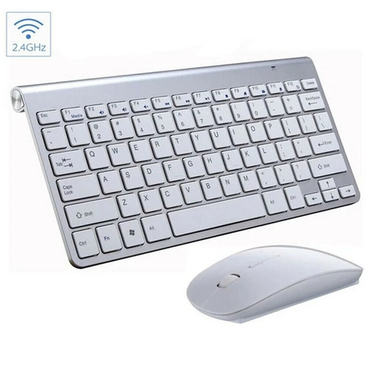 Wireless keyboard and mouse set on a white background with 2.4GHz label.