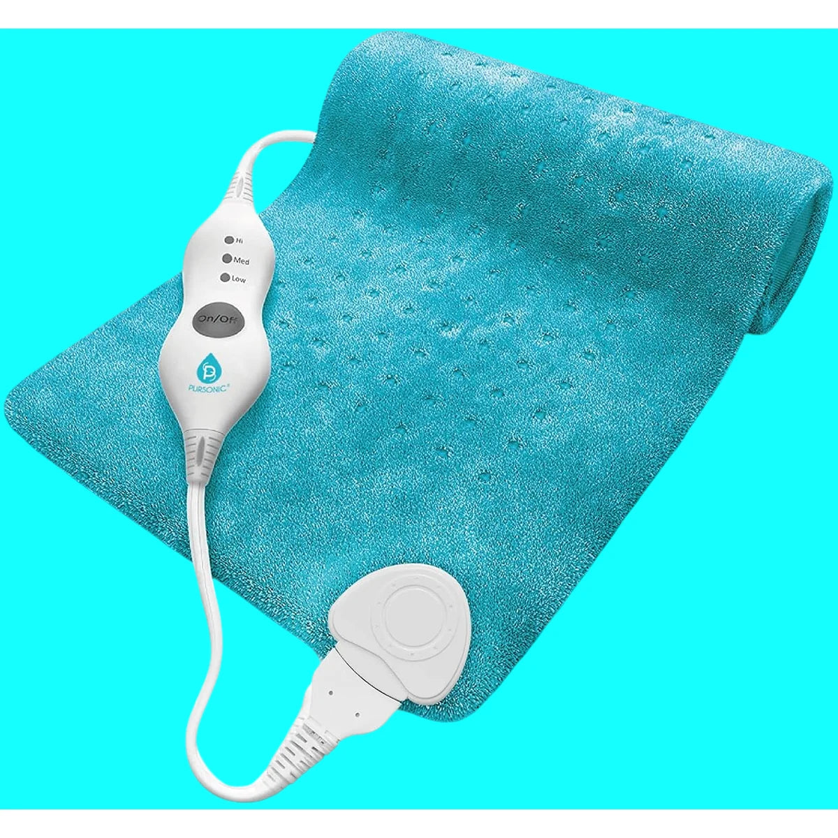 A teal blue heated massage or bath mat with a white wired controller and a matching foot-shaped sensor, shown on a bright cyan background.